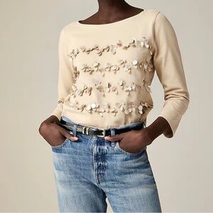 J. Crew Mariner Jersey Long-Sleeve T-shirt with Floral Beige Tan Embellishment S